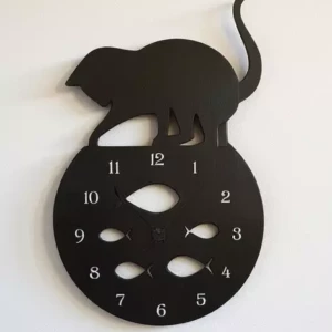 Horloge murale bois chat bocal à poissons