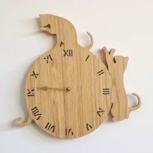 Horloge murale bois avec deux chats