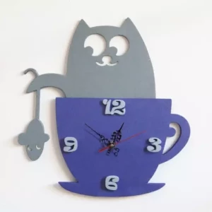Horloge murale bois avec un chat et une sourie